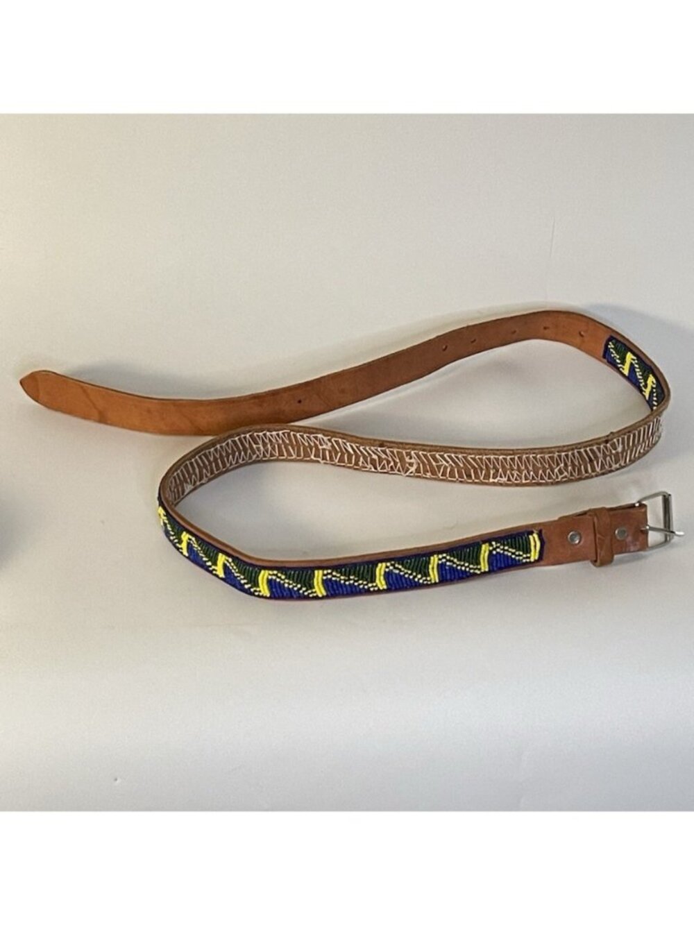 Maasai Inspired Beaded Leather Belt Blue Green Yellow Handmade 36" Waist African